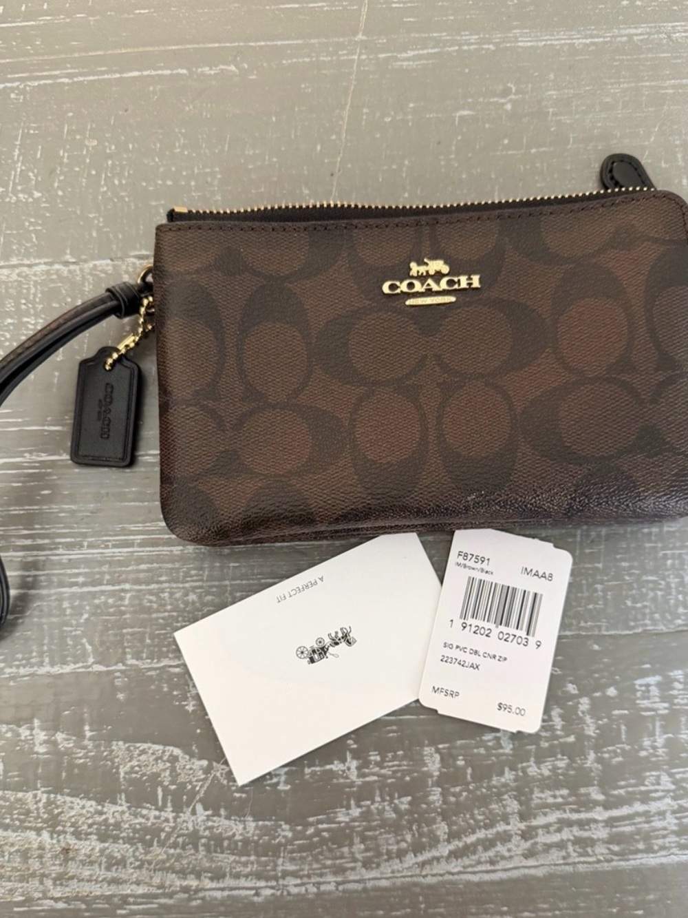 Coach Brown Signature Canvas Wristlet with Gold Logo